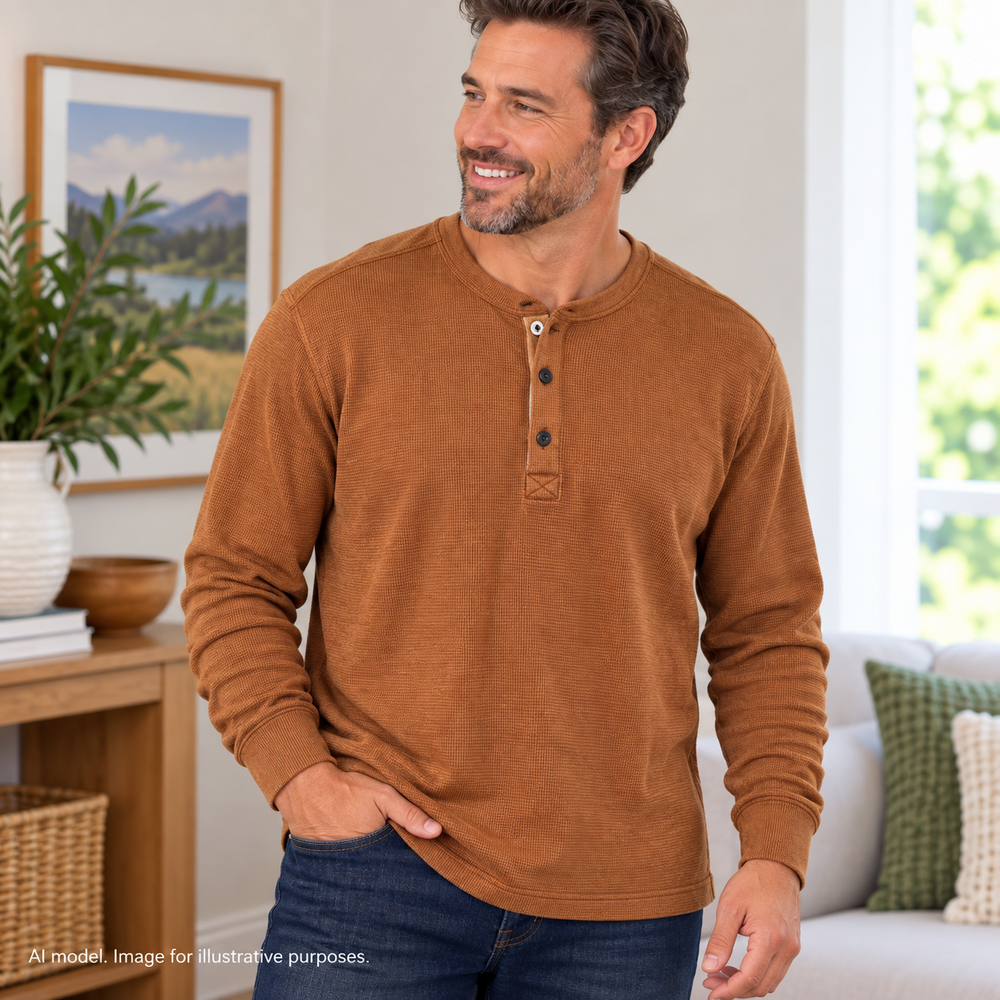 Eddie Bauer Shirt Men XL Rust Thermal Waffle Knit Henley Outdoor Camping Hiking